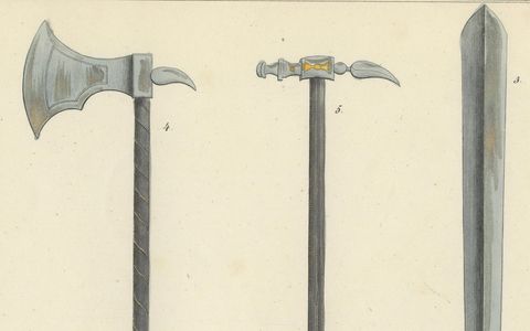 19th-Century Hand-Coloured Lithograph of Swords, Axes, and War Hammers, close-up 2