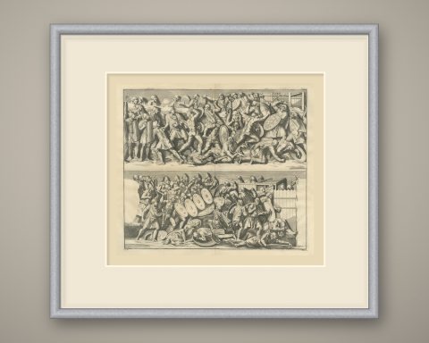 Romans and Barbarians Fighting at a Palisade, Montfaucon Engraving, 1722, shown framed