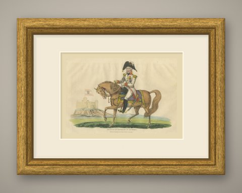 Emperor Francis II of Austria Riding Before a Hilltop Castle, Hand Colored, 1815, shown framed