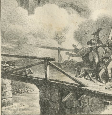The Bridge of Arcole, the Flag of Lodi, Antique Madou Lithograph, 1827, close-up 1