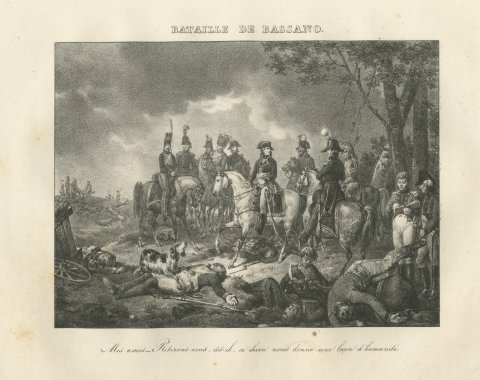 Battle of Bassano, Bonaparte and the Dog, Antique Madou Lithograph, 1827