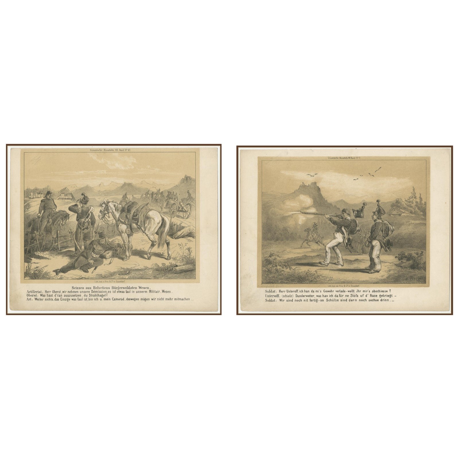 Antique Military Satire Prints, Swiss Citizen Soldiers, Düsseldorf, c.1850
