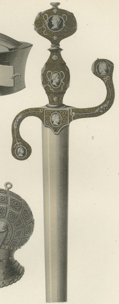 German and Italian Swords and Helmets, Antique Print, 1851, close-up 2