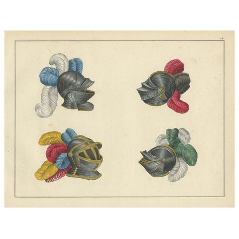 19th-Century Hand-Coloured Lithograph of Knightly Helmets with Vibrant Plumes