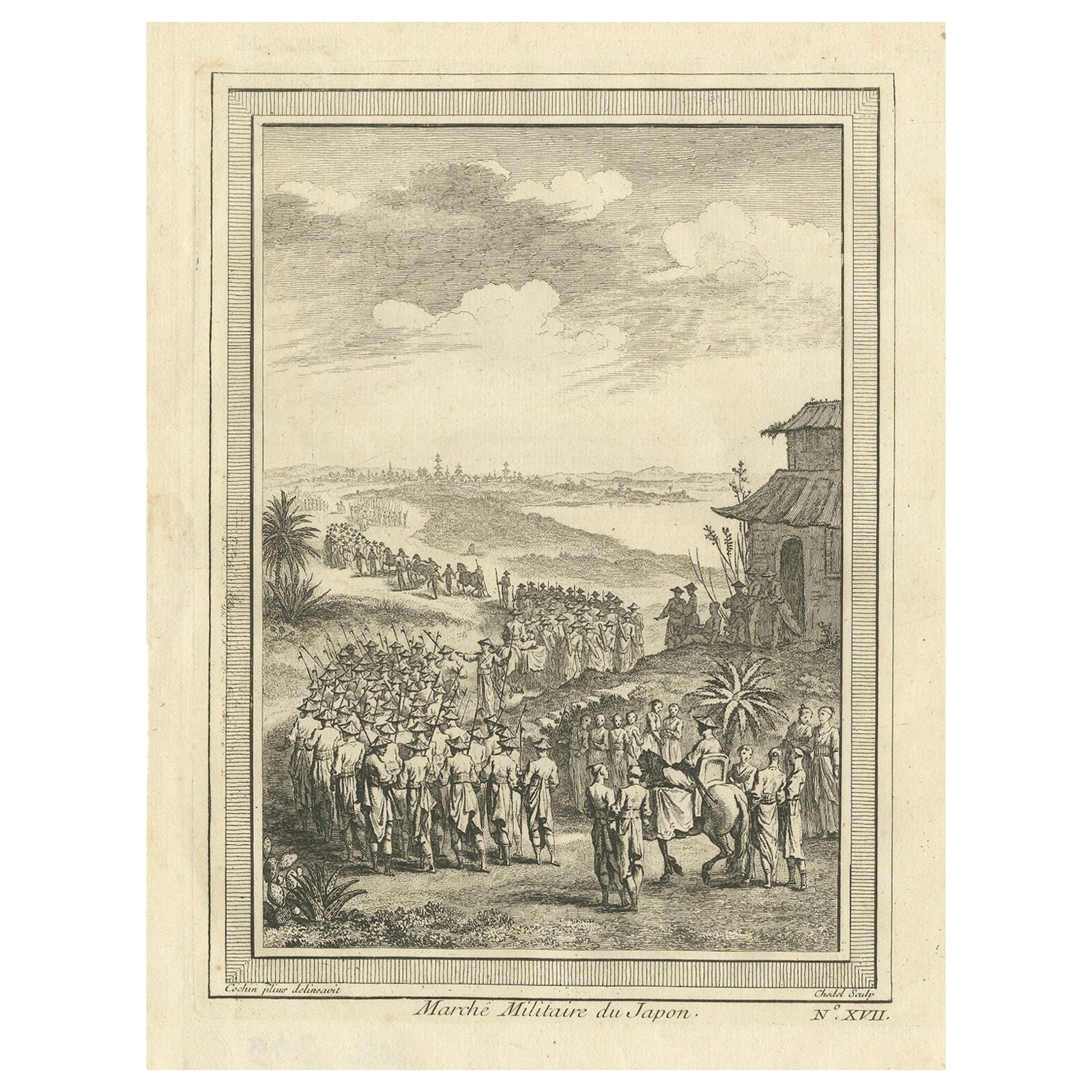 Antique Print of a Japanese Military Procession by Chedel, 1746