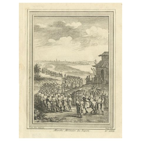 Antique Print of a Japanese Military Procession by Chedel, 1746