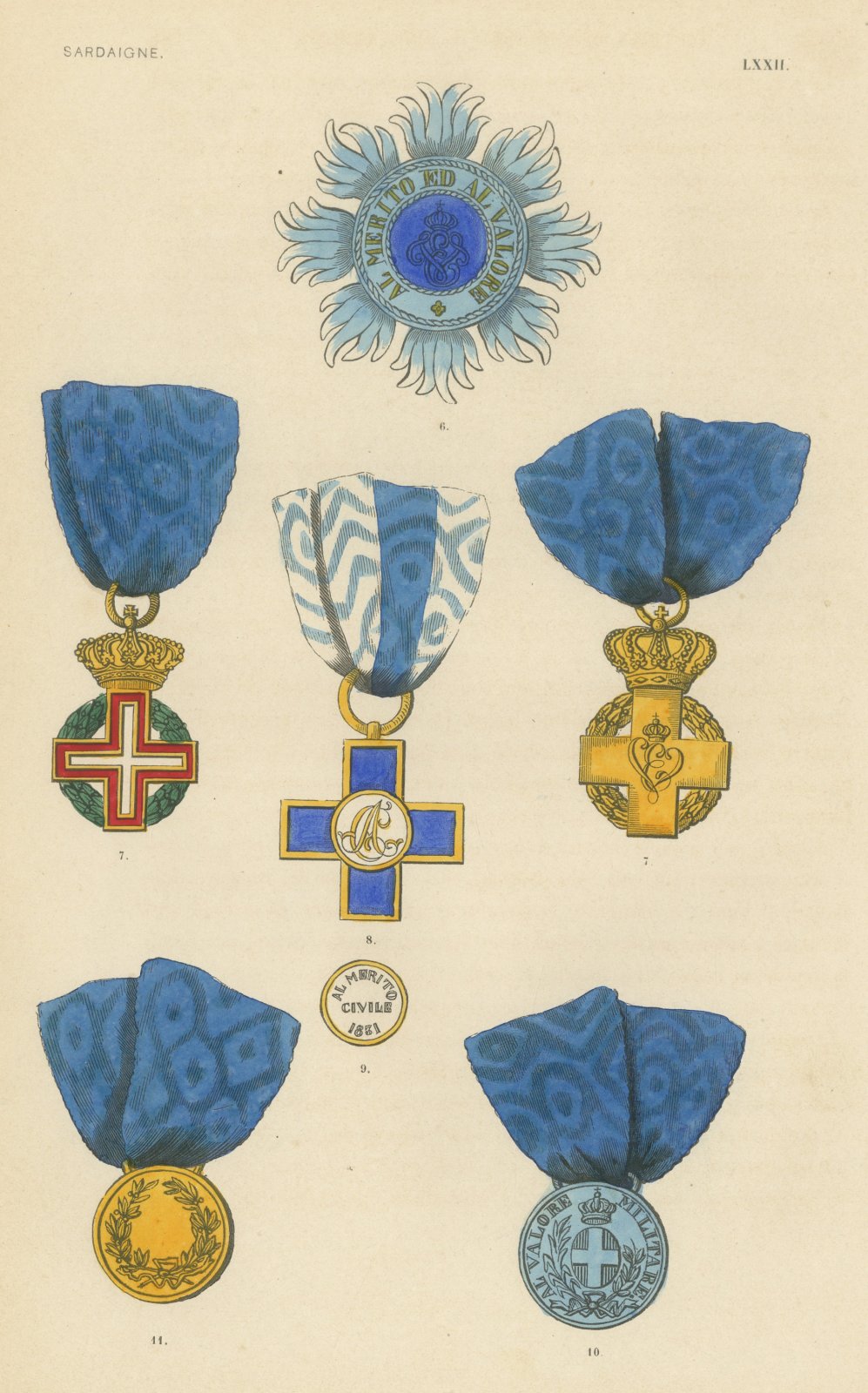 Sardinia, Civil Merit and Military Valor Medals, Plate LXXII, 1844