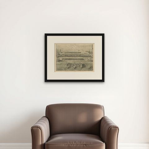 The Duke of Parma's Pontoon Bridge in The Siege of Antwerp, 1632, shown framed on a wall