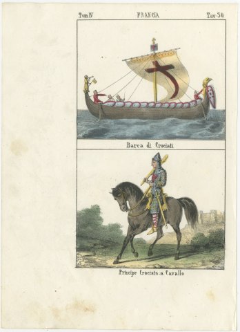 Crusader Ship and a Crusader Prince on Horseback, Hand Colored Lithograph, 1842, view 2