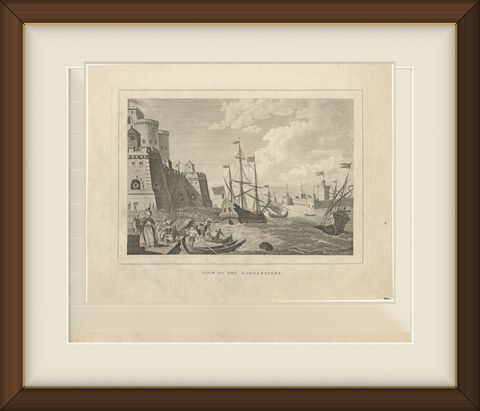 View of the Dardanelles, Ottoman Fortress, Antique Engraving, circa 1820, shown framed