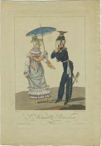 Two Hundred Year Old Engraving of a Prussian Soldier and a Lady, 1815, view 2