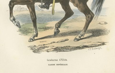 Napoleonic Gendarme d’Élite, Imperial Guard Cavalry, Hand-Coloured Print, 1843, close-up 1