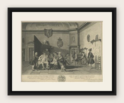 Fine Engraving Depicting an Officer's Mess in the Low Countries, 'Holland', 1754, shown framed