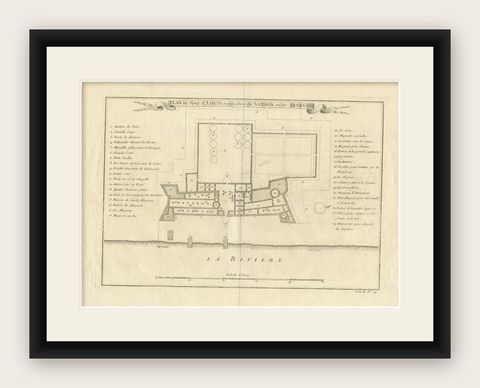 Antique Print of Fort St. Louis Near the Senegal River, circa 1747, shown framed