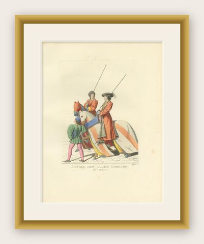 Antique Print of Two Judges Entering a Tournament, by Bonnard, 1860, shown framed