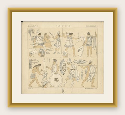 Pl. 13 Antique Print of Greece Military Scenes by Racinet, 'circa 1880', shown framed