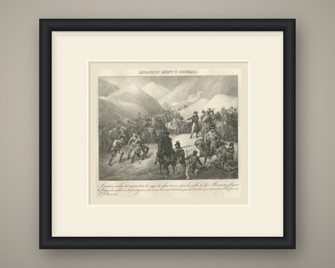 Crossing the Great Saint Bernard, the Hospice, Antique Madou Lithograph, 1827, shown framed