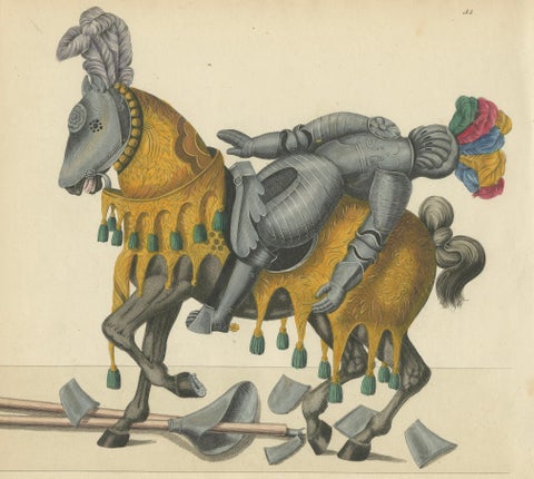 19th-Century Hand-Coloured Lithograph of Fallen Knights and Horses Post-Joust, close-up 4