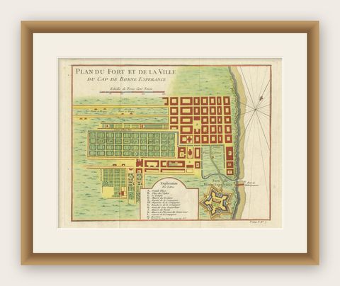 Cape of Good Hope, Fort and City Plan, French Colonial Map, c.1765, shown framed