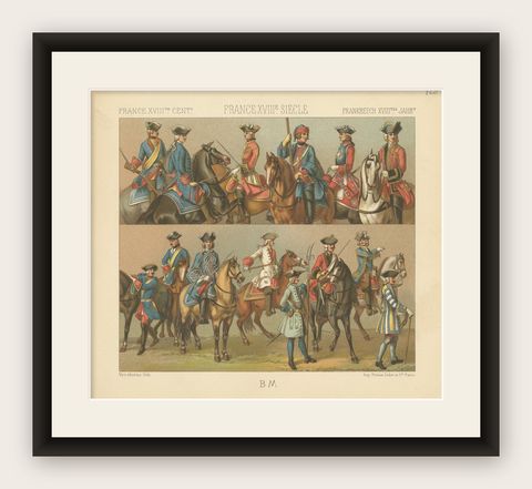 Pl 128 Antique Print of French 18th Century Military Outfits by Racinet, shown framed