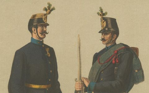 Austrian Officer & Infantryman, Hoch- und Deutschmeister Regiment 1867 Litho, close-up 1