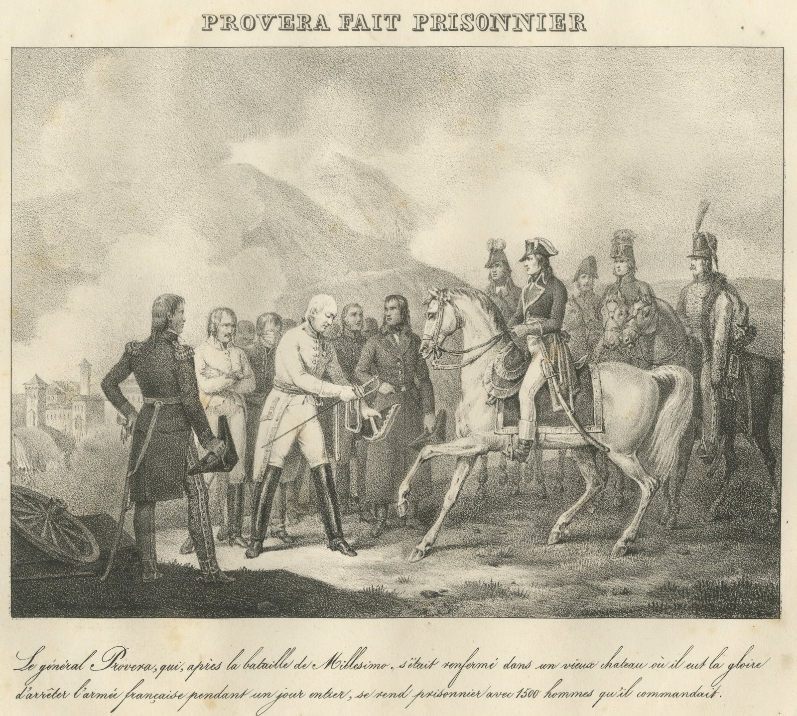 General Provera Surrenders after Millesimo, Antique Madou Lithograph, 1827