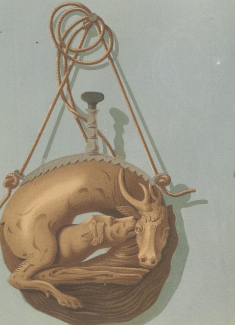 Hunting and War Powder Flasks, Brussels Artillery Museum, Antique Print, 1851, close-up 1