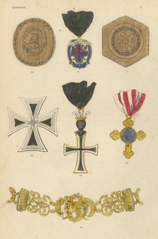 Orders of Austria, Veteran Badges and Crosses, Plate V, Wood Engraving, 1844
