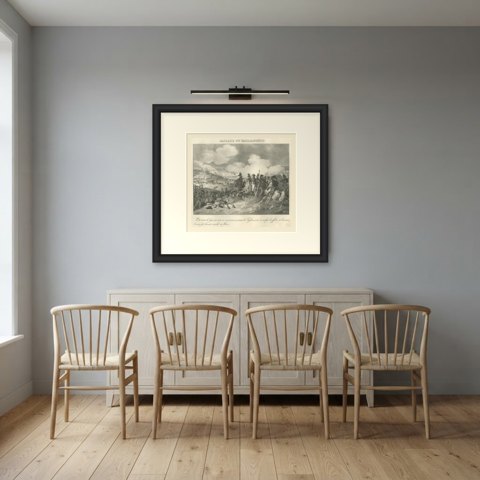 Crossing the Tagliamento, the Line Advances, Antique Madou Lithograph, 1827, shown framed in a room