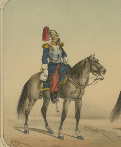 Spanish Cuirassier and Light Cavalryman, Villegas, Hand Colored Lithograph, 1861, close-up 1
