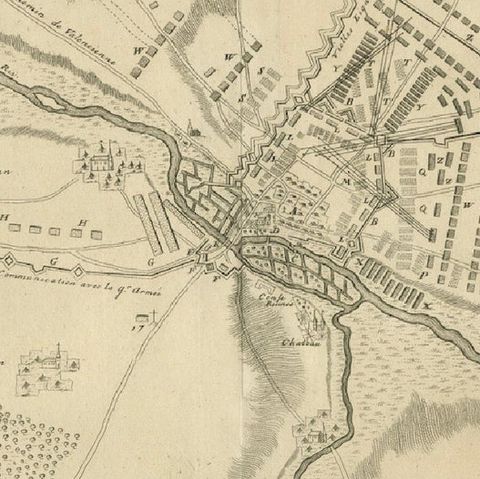 Detailed 1729 Battle Map, Allied Army Camp at Denain France, 1712 Siege, close-up 4