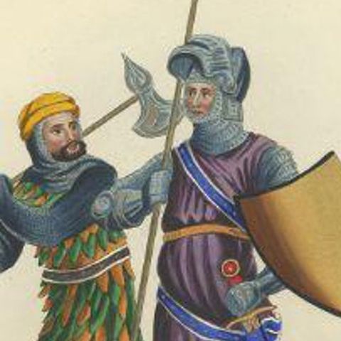 Antique Print of a Soldier and Knight, 1842, close-up 1