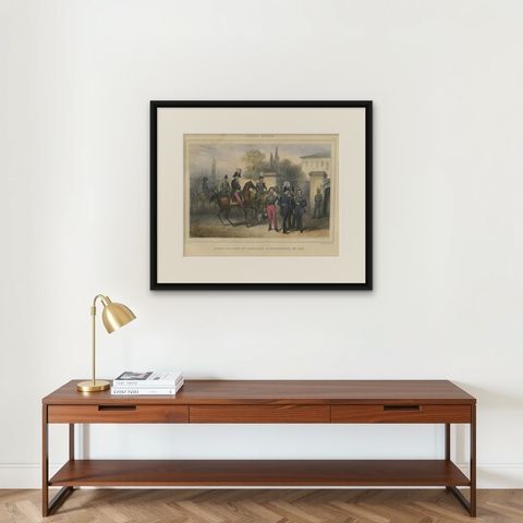 Handcolored Antique Print of Officers and Horses of the Belgium Army, 1833, shown framed on a wall