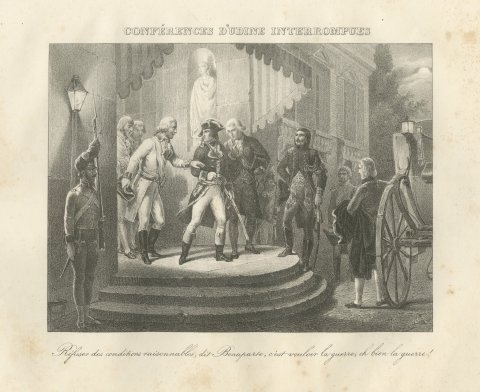 Conferences of Udine Broken Off, Then War, Antique Madou Lithograph, 1827