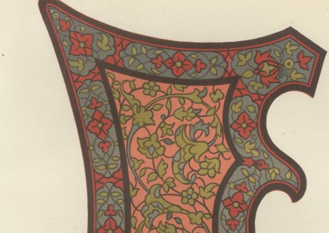 Moorish Spanish Saddle, Royal Armory of Madrid, Antique Print, 1851, close-up 1