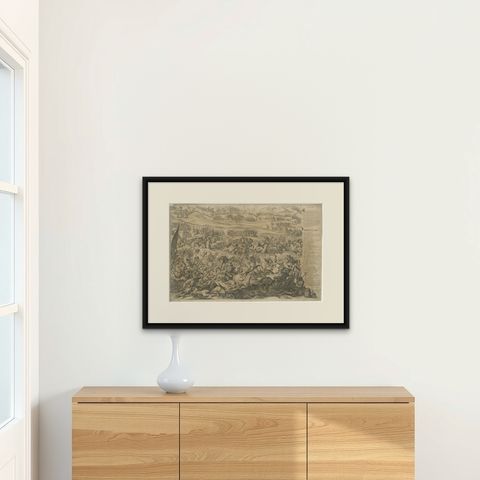 Battle of Vienna in 1683, Etching of Christians vs Turks, Van Westerhout, 1725, shown framed on a wall
