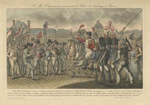 Napoleon Reviewing the Fédérés, Paris Tuileries Scene, French Engraving, 1815, close-up 1