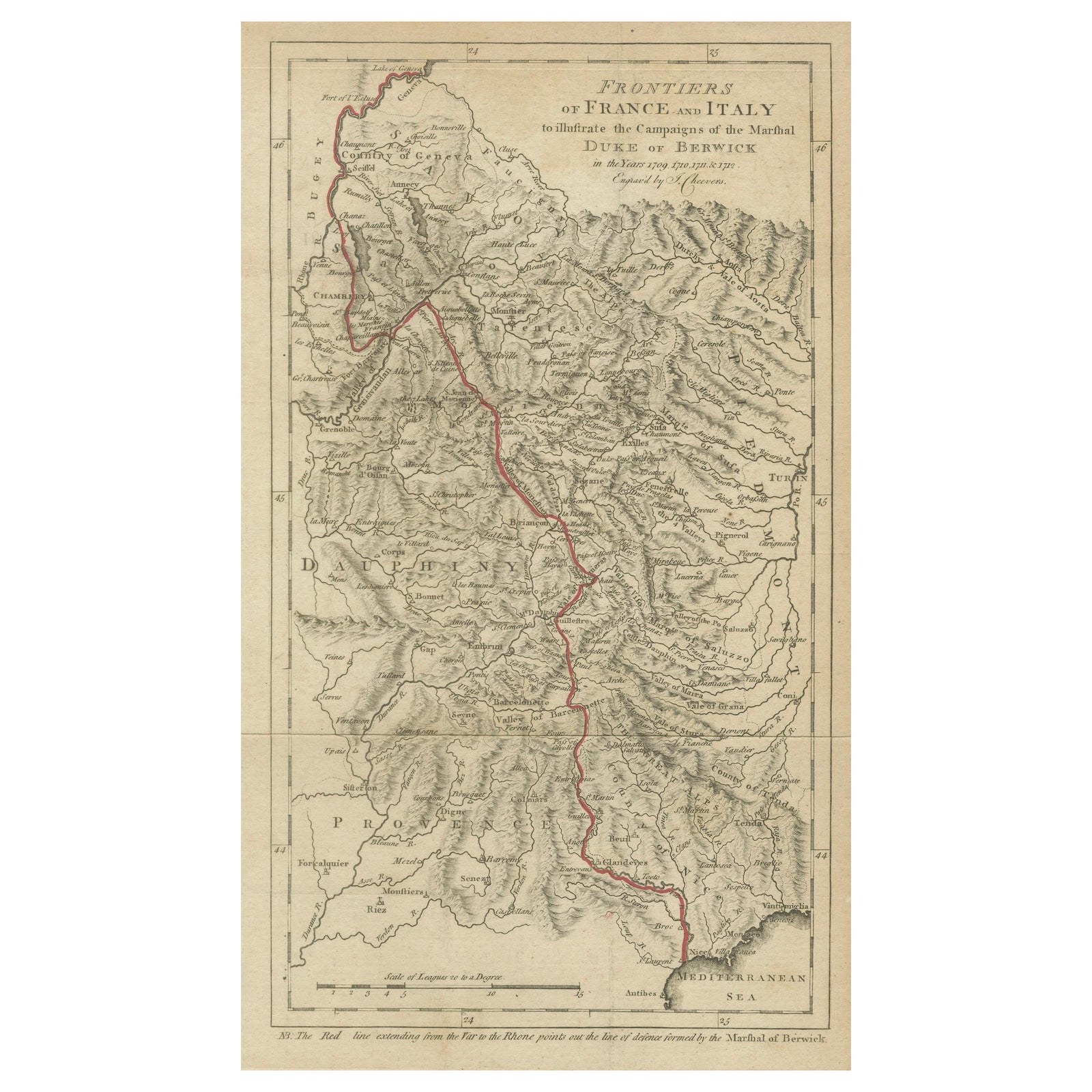 Frontiers of France and Italy, Duke of Berwick Campaigns Map, 1707–1712