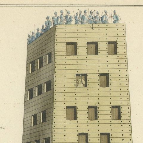 19th-Century Hand-Coloured Lithograph of a Medieval Siege Tower in Action, close-up 3