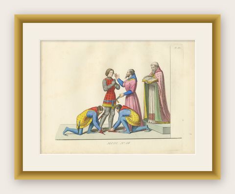 Creation of a Knight Ceremony, 14th Century, Hand-Colored, ca.1860, shown framed