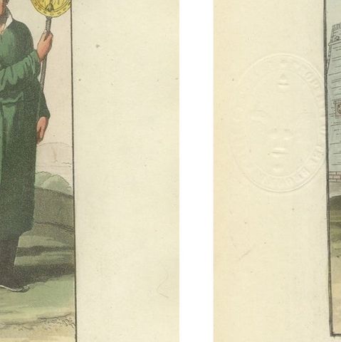 China Qing Court Officials & Armored Guard, Antique Hand-Colored Print Pair 1815, close-up 2
