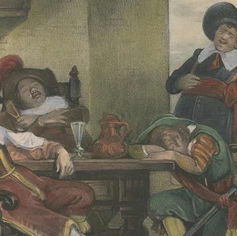 1835 Hand-Colored Lithograph: A 17th Century Guardroom, Soldiers at Rest, close-up 4