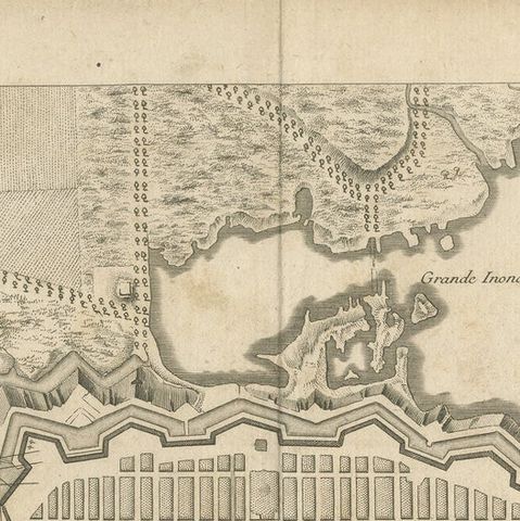 Plan of Pondicherry Fortifications and Attacks, France, c.1750, close-up 3