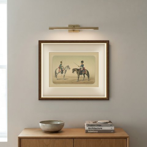 Two Spanish Cavalrymen in Crested Helmet and Bearskin Cap, Villegas, 1861, shown framed on a wall