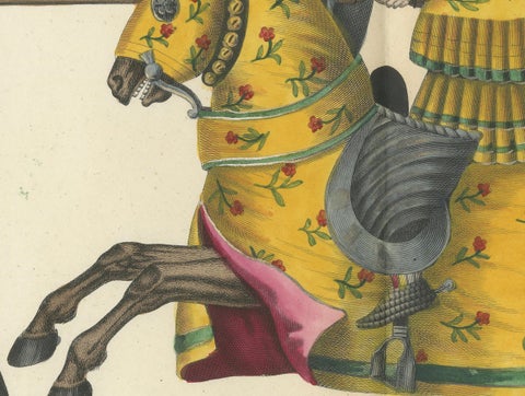 Hand-Coloured Jousting Scene with Vibrant Striped and Floral Caparisons, 1842, close-up 1