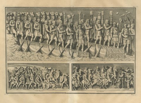 Roman Army Crossing a Bridge of Boats, Trajan's Column, Montfaucon, 1722