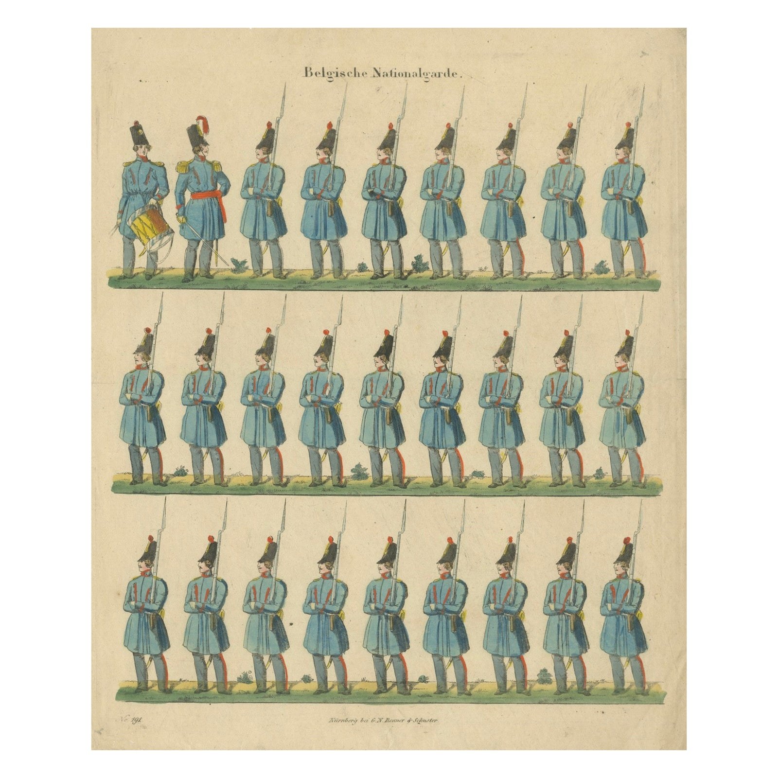 Antique Print of Belgian National Guard, Infantry Drill & Uniforms, c.1830–1840