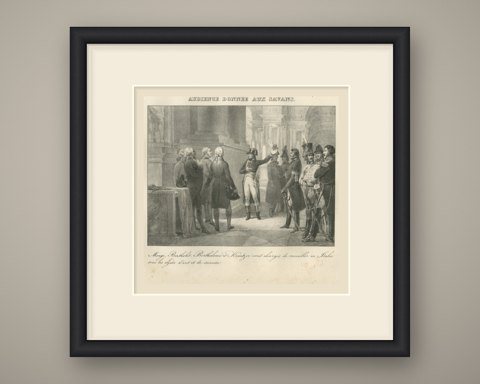 Audience to the Savants, Monge and Berthollet, Antique Madou Lithograph, 1827, shown framed