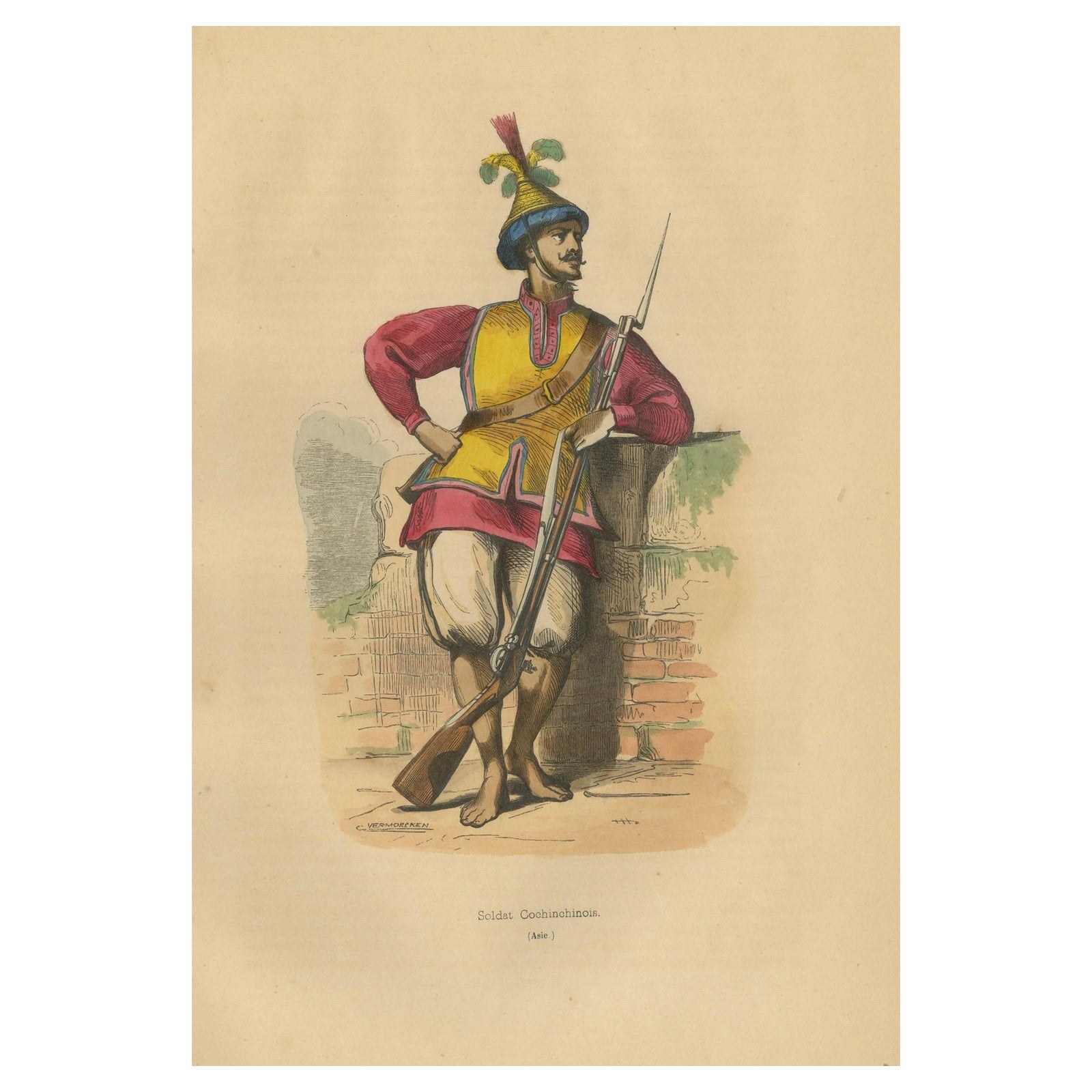 Striking 19th-Century Lithograph of a Cochin Soldier by Auguste Wahlen