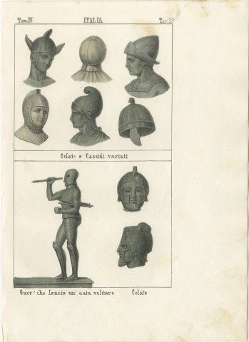 Ancient Helmets and a Bronze Warrior Hurling a Javelin, Lithograph, 1842, view 2